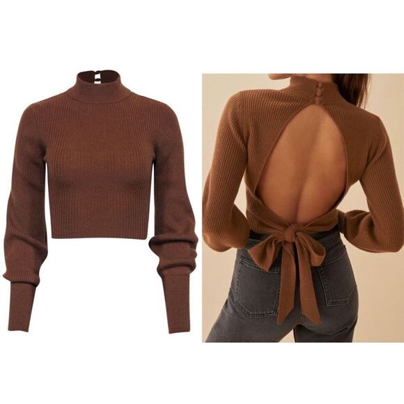 Reformation Brown Ribbed Cashmere "Osteria" Open Back Crop Sweater Sz XS - Picture 1 of 8